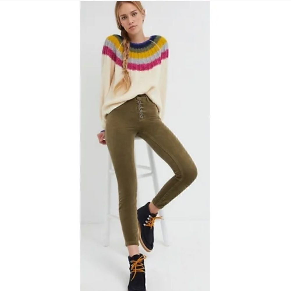 Anthropologie Pilcro High Rise Button Fly Skinny Corduroy Moss Green Pants 24